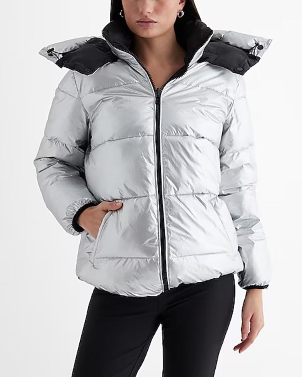 Express NWT Metallic Silver Reversible Black Hooded Full Zip Shiny Puffer Coat
